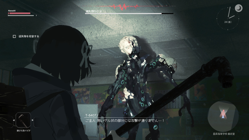 1girl, animate_object, art_room, black_hair, clock, commentary_request, crescent_moon, dark