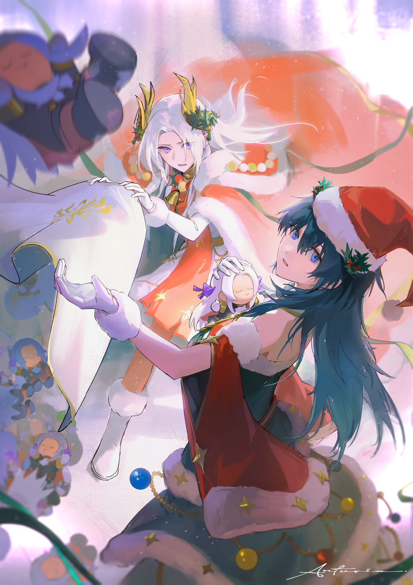 2girls, artuvia, blue_hair, byleth_(female)_(fire_emblem), byleth_(female)_(frosty_professor)_(fire_emblem), byleth_(fire_emblem), cape, character_doll, christmas, dress, edelgard_von_hresvelg, edelgard_von_hresvelg_(snowfall_future), fake_horns, fire_emblem, fire_emblem:_three_houses, fire_emblem_heroes, fur-trimmed_cape, fur_trim, gloves, hat, highres, horned_headwear, horns, looking_at_viewer, multiple_girls, official_alternate_costume, pantyhose, red_cape, red_pantyhose, santa_dress, santa_hat, toy, violet_eyes, white_gloves, white_hair