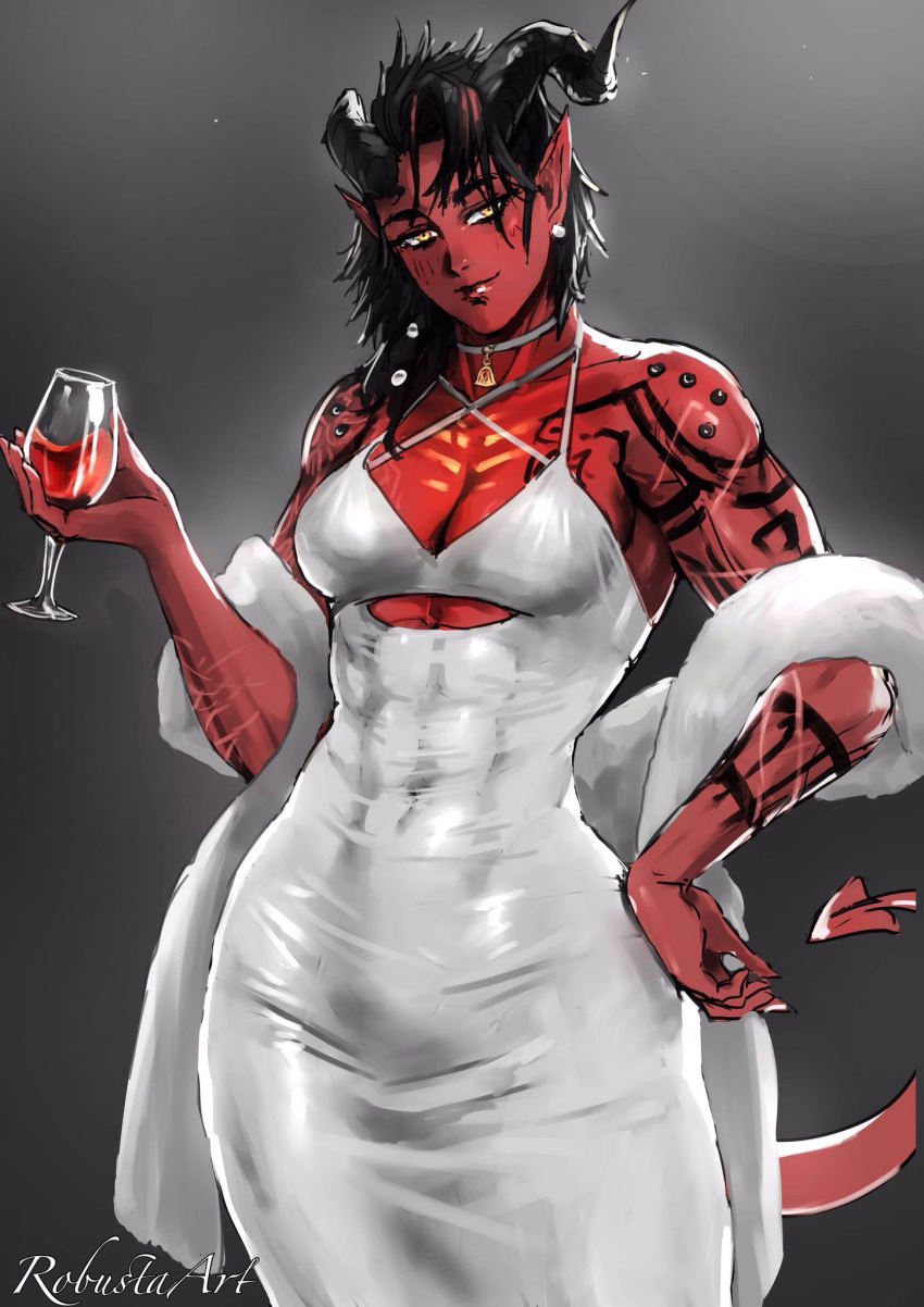 abs, baldur's_gate, baldur's_gate_3, broken_horn, colored_skin, demon_girl, demon_horns, demon_tail