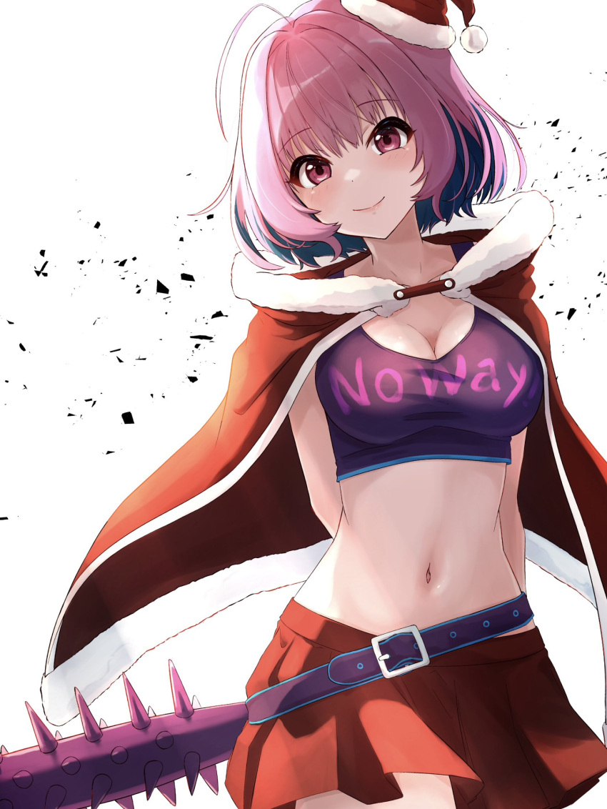 1girl, ahoge, arms_behind_back, belt, black_cape, breasts, cape, clothes_writing