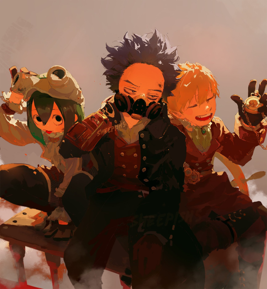 1girl, 2boys, 6th_popularity_poll_(boku_no_hero_academia), asui_tsuyu, black_coat, black_eyes, black_gloves, blonde_hair