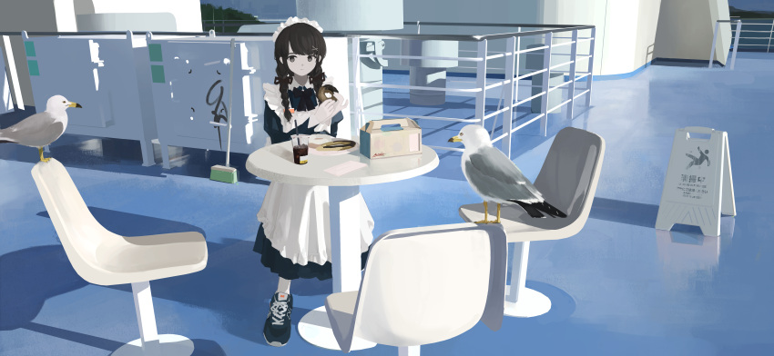 1girl, absurdres, apron, bird, blue_bow, blue_bowtie, blue_dress, bow