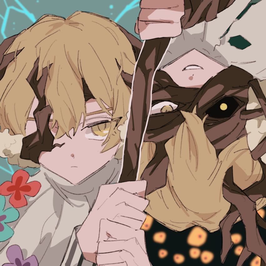 2boys, blonde_hair, blue_flower, dual_persona, e.g.o_(project_moon), faelantern_(project_moon), fairy_wings, flower
