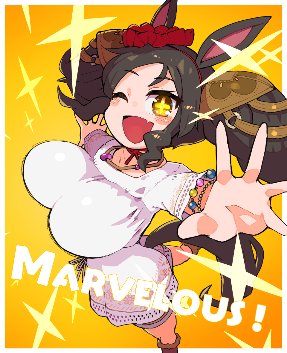 +_+, 1girl, ;d, alternate_costume, animal_ears, black_hair, blush_stickers, boots, bouncing_breasts, bow_hairband, bracelet, breasts, brown_eyes, brown_footwear, character_name, dress, empire_waist, english_text, fang, hairband, headgear, horse_ears, horse_girl, horse_tail, huge_breasts, jewelry, knee_boots, looking_at_viewer, marvelous_sunday_(umamusume), masha, necklace, one_eye_closed, open_mouth, outstretched_arms, red_hairband, short_dress, shorts_under_dress, skin_fang, sleeves_past_elbows, smile, solo, tail, tail_through_clothes, twintails, umamusume, white_dress, yellow_background