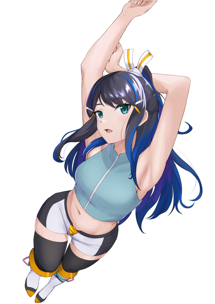 1girl, bangs, black_hair, blue_eyes, blue_hair, gradient_hair, gundam, gundam_n-extreme, ichijo_s78al, kano_clans, looking_at_viewer, multicolored_hair, ponytail, portrait, ribbon, smile, solo, streaked_hair, yellow_ribbon