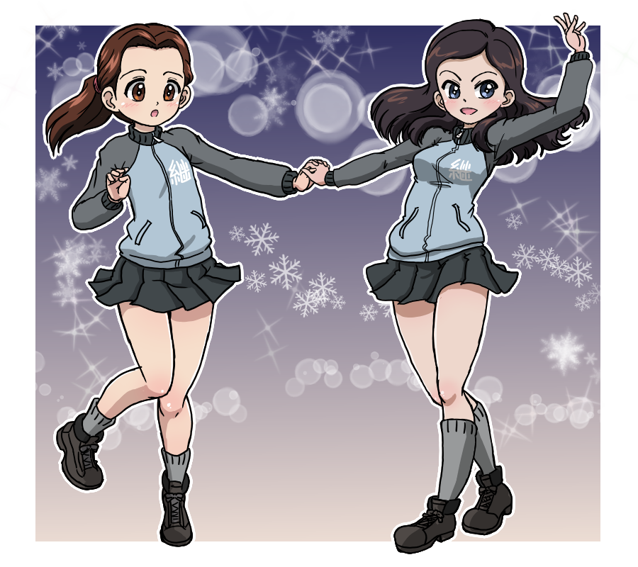 2girls, ankle_boots, black_footwear, black_hair, black_skirt, blue_eyes, blue_jacket, blurry