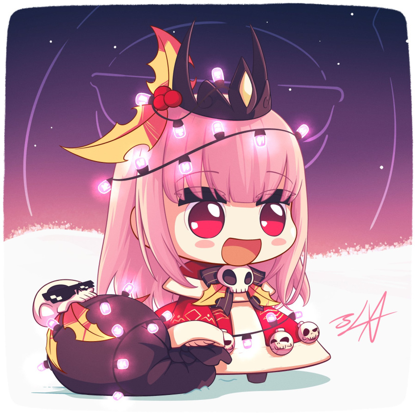 1girl, christmas, christmas_lights, death-sensei_(mori_calliope), highres, hololive, hololive_english, long_hair