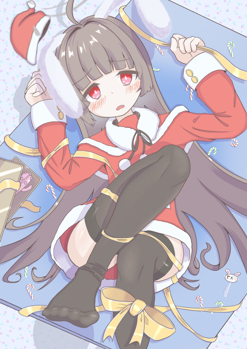 1girl, animal_ears, ayo5108, black_hair, black_thighhighs, blue_archive, blush, bright_pupils