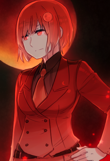 1girl, belt, blazer, cioccolatodorima, crescent_moon, eclipse, expressionless, full_moon_hair_ornament, hair_ornament, hairpin, hand_on_own_hip, humanization, jacket, long_sleeves, looking_to_the_side, luna_(planetary_moe), lunar_eclipse, moon, necktie, official_art, personification, planetary_moe, red_eyes, red_moon, redhead, short_hair, solo