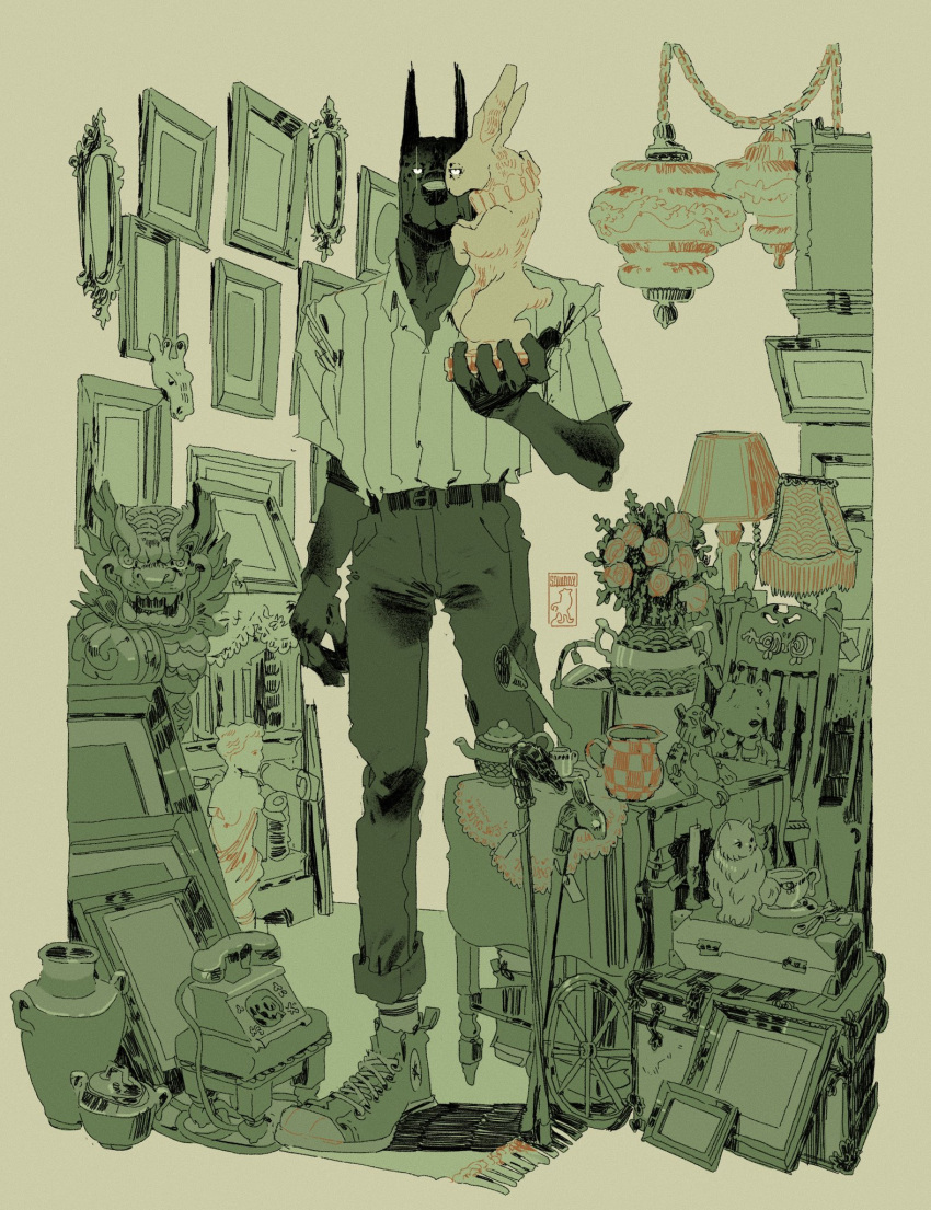 1boy, angel_statue, animal_ears, animal_nose, antique_phone, arm_at_side, artist_logo, belt, big_squid_man, black_skin, border, candlestand, cane, cat, chair, chandelier, collared_shirt, colored_skin, converse, crate, cup, doberman, flower, flower_pot, full_body, furry, hatching_(texture), highres, holding, komainu, lamp, limited_palette, looking_at_viewer, male_focus, open_collar, original, pants, pants_rolled_up, phone, picture_frame, price_tag, rabbit_statue, rug, scar, scar_across_eye, sepia_background, shirt, shoes, short_sleeves, sneakers, snout, socks, standing, statue, straight-on, striped, striped_shirt, striped_socks, stuffed_animal, stuffed_toy, table, tablecloth, teacup, teapot, teddy_bear, vertical-striped_shirt, vertical_stripes, watering_can