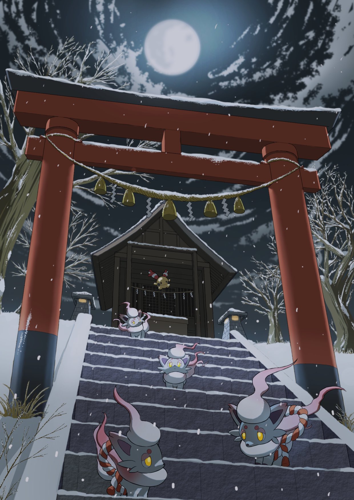 animal_focus, chingling, full_moon, grey_fur, highres, hisuian_zorua, moon, mri_361