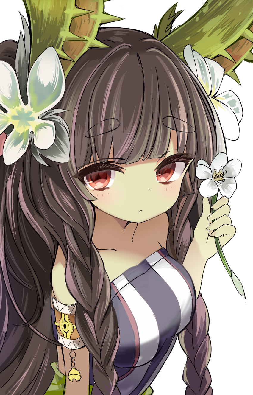 1girl, absurdres, armband, bare_shoulders, black_hair, braid, breasts, closed_mouth