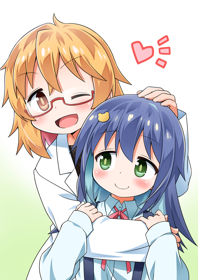 2girls, ;d, akou_roushi, azuma_chitose, blonde_hair, blue_hair, blush, brown_eyes