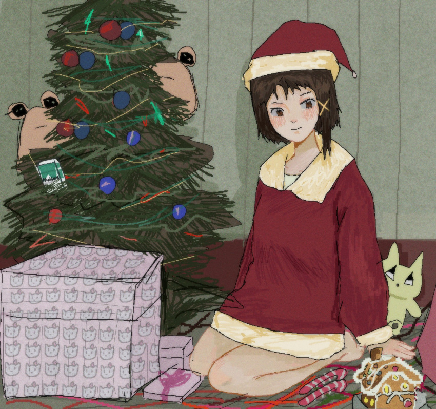 1girl, alternate_costume, asymmetrical_hair, blush, brown_eyes, brown_hair, candy, candy_cane