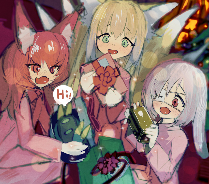 3girls, absurdres, animal_ear_fluff, animal_ears, arknights, blonde_hair, christmas, christmas_present