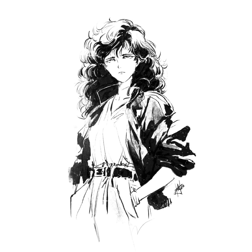 1girl, aliens, alzandahh, curly_hair, ellen_ripley, expressionless, hands_in_pockets, highres, jacket, long_hair, messy_hair, monochrome, open_clothes, open_jacket, pants, shirt, sketch, sleeves_rolled_up, solo, white_background