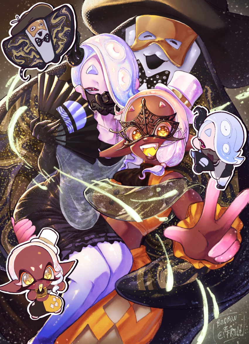 1boy, 2girls, argyle, argyle_cutout, artist_name, big_man_(splatoon), black_bow, black_dress