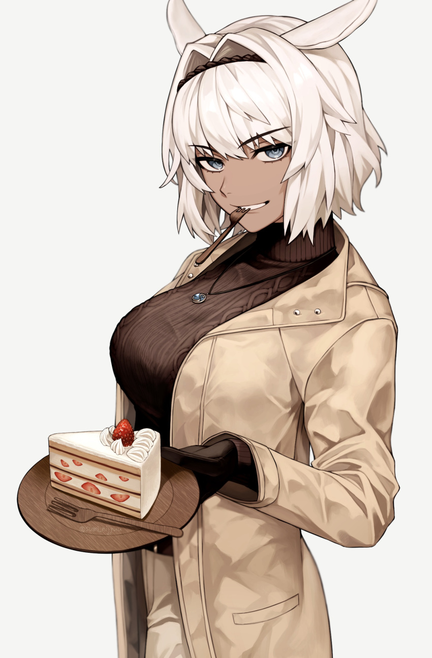 1girl, alternate_costume, animal_ears, black_gloves, black_sweater, blue_eyes, breasts, brown_jacket, caenis_(fate), caenis_(octo_nautica)_(fate), cake, cake_slice, commentary_request, dark-skinned_female, dark_skin, fate/grand_order, fate_(series), food, fork, gloves, grey_background, grin, hair_intakes, highres, holding, holding_plate, jacket, jewelry, large_breasts, long_sleeves, looking_at_viewer, necklace, open_clothes, open_jacket, plate, short_hair, simple_background, smile, solo, sumi_(gfgf_045), sweater, turtleneck, turtleneck_sweater, utensil_in_mouth, white_hair