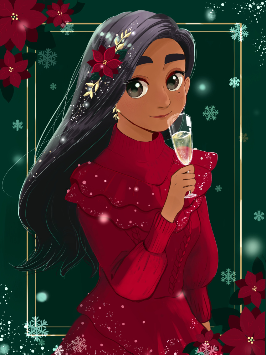 1girl, black_eyes, black_hair, christmas, cute, disney, drinking_glass, ear_piercing