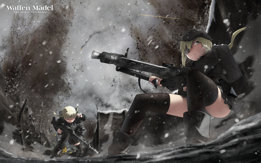commentary, explosion, eyepatch, garrison_cap, glasses, gun, hat, highres