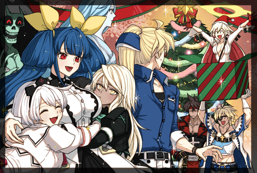 4boys, 5girls, ahoge, blonde_hair, blue_eyes, blue_hair, blunt_ends, blush