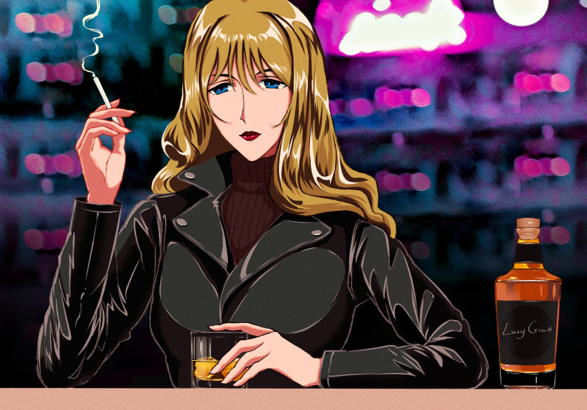 absurdres, alcohol, blonde_hair, blue_eyes, cigarette, coat, cowboy_bebop, curly_hair