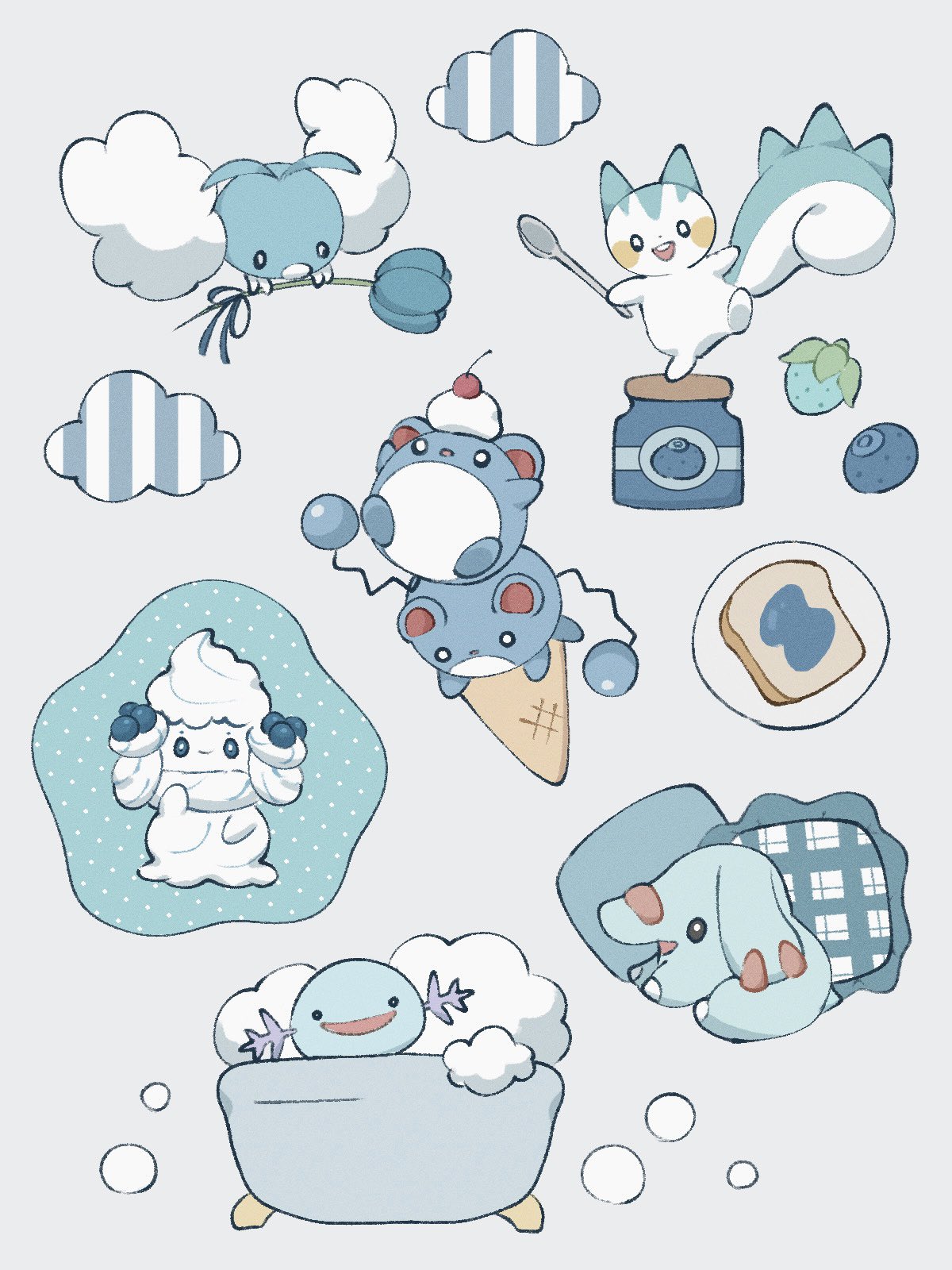 alcremie, animal_focus, bathtub, berry_(pokemon), bird, black_eyes, blue_background, blue_eyes