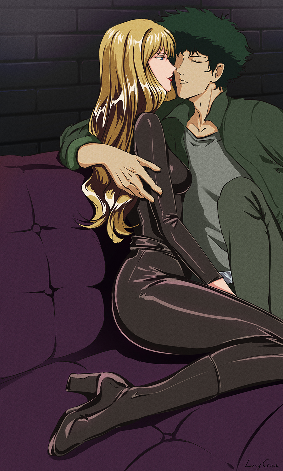 blonde_hair, blue_eyes, boots, catsuit, couple, cowboy, cowboy_bebop, curly_hair, green_hair, highres, julia_(cowboy_bebop), leather, lucyguusi, spike_spiegel, spikes