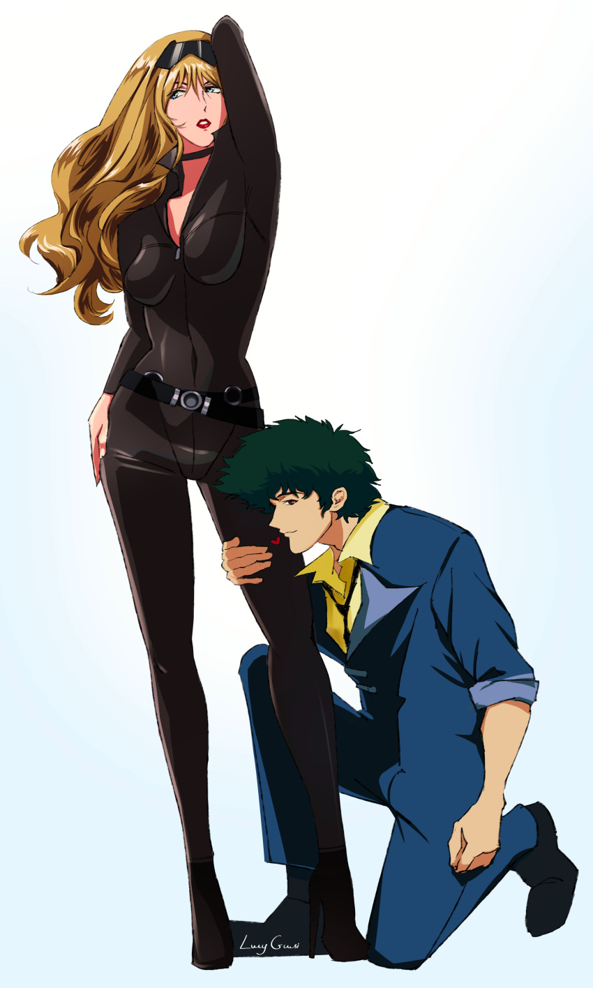 absurdres, belt, blonde_hair, blue_eyes, brown_eyes, catsuit, choker, couple