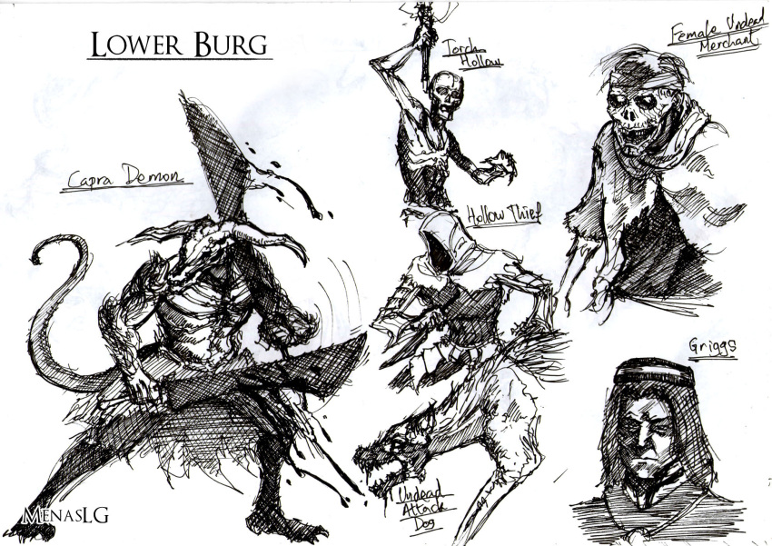 1boy, 1girl, artist_name, blood, capra_demon, dark_souls_(series), dark_souls_i, demon, dog, dual_wielding, greyscale, griggs_of_vinheim, highres, holding, holding_knife, holding_sword, holding_torch, holding_weapon, hood, hood_up, knife, menaslg, monochrome, multiple_others, sketch, sword, torch, undead_merchant_(female), weapon