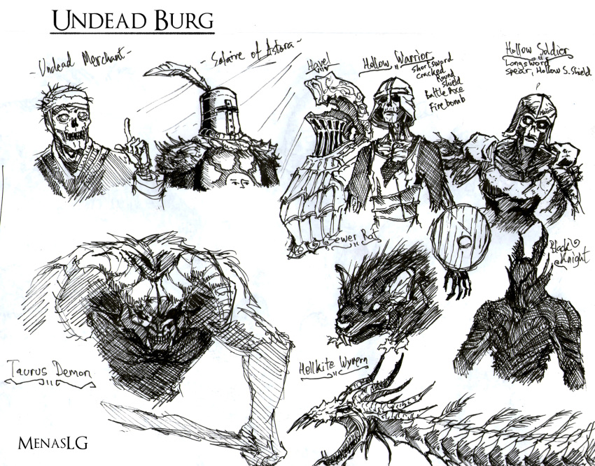 3boys, armor, bandaged_head, bandages, black_knight_(dark_souls), dark_souls_(series), dark_souls_i, dragon, greyscale, havel_the_rock, hellkite_dragon, helmet, highres, holding, holding_shield, index_finger_raised, knight, menaslg, monochrome, mouse, multiple_boys, shield, sketch, solaire_of_astora, taurus_demon, undead_merchant_(male), wyvern
