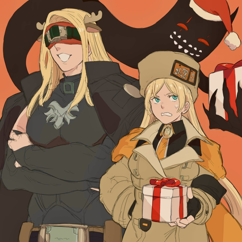 1boy, 1girl, antlers, black_gloves, blonde_hair, blue_eyes, bodysuit, box