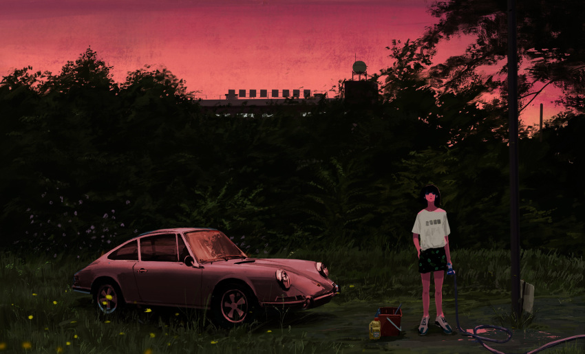 1other, absurdres, ambiguous_gender, building, car, dark, foliage, highres