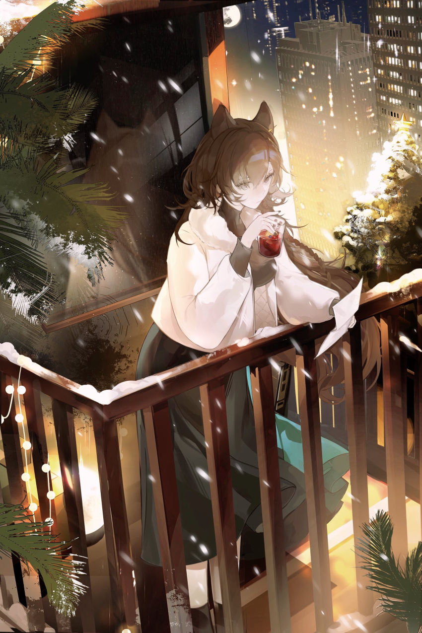 1girl, against_railing, alcohol, animal_ear_piercing, animal_ears, arknights, arm_rest, arm_support, balcony, black_dress, black_footwear, bloom, blurry, blurry_background, braid, braided_ponytail, brown_eyes, brown_hair, building, christmas, christmas_lights, christmas_ornaments, christmas_tree, cinnamon_stick, city, city_lights, cityscape, closed_mouth, commentary, cup, depth_of_field, dress, drink, drinking_glass, dutch_angle, english_commentary, expressionless, extra_ears, eyelashes, floating_clothes, floating_hair, food, from_above, from_side, fruit, full_body, full_moon, fur-trimmed_jacket, fur_trim, glass, gluhwein, hair_between_eyes, hair_ornament, hair_over_one_eye, hairclip, hand_up, high_collar, highres, holding, holding_cup, holding_drink, holding_paper, jacket, layered_sleeves, leaf, leaning, legs_together, lemon, lemon_slice, long_dress, long_hair, long_sleeves, looking_afar, looking_ahead, mole, mole_above_eye, moon, mulled_wine, multicolored_clothes, multicolored_dress, night, official_alternate_costume, open_clothes, open_jacket, outdoors, paper, penance_(arknights), penance_(occasionally_flushed)_(arknights), piercing, pine_tree, railing, red_wine, reflection, side_braid, sidelighting, single_braid, skyscraper, snow, snowing, solo, standing, star_(symbol), straight_hair, string_of_light_bulbs, tree, turtleneck, turtleneck_dress, two-tone_dress, urban, very_long_hair, white_jacket, wide_sleeves, wind, wine, wolf_ears, wolf_girl, wooden_railing, yuyullllo