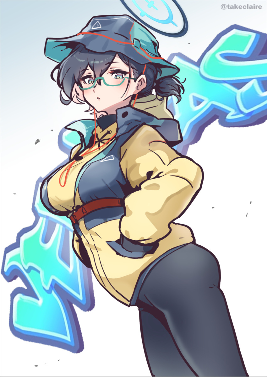1girl, aqua-framed_eyewear, black_gloves, black_hair, black_pants, black_vest, blue_archive, breasts