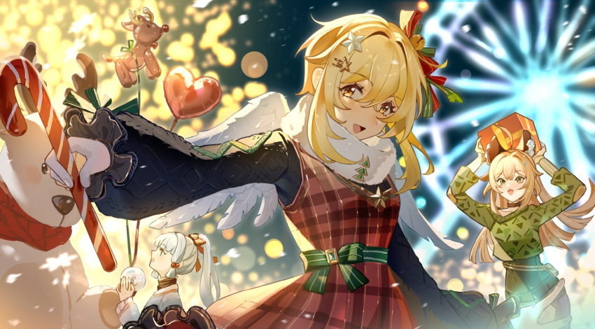 3girls, :d, alternate_costume, angel_wings, animal_ears, balloon, black_sweater, blonde_hair