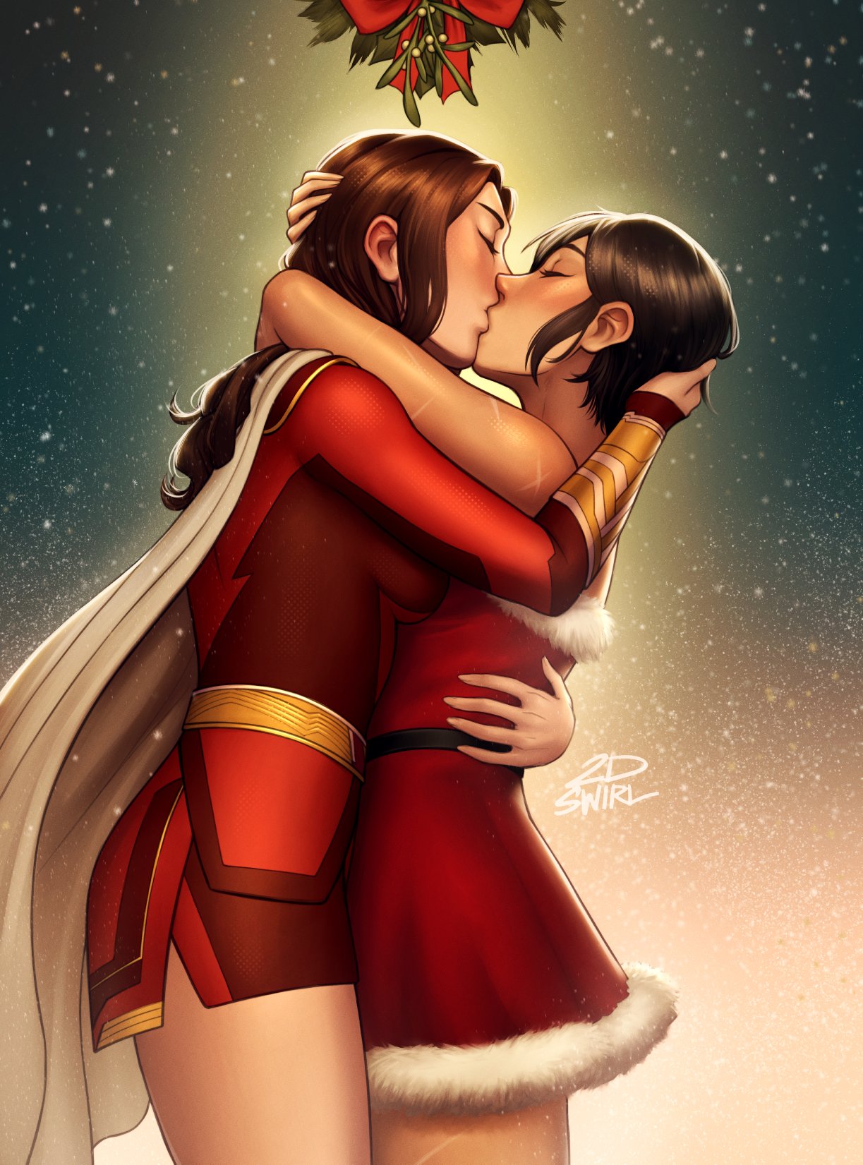 2dswirl, 2girls, arm_behind_head, batgirl, black_hair, brown_hair, cape, cassandra_cain