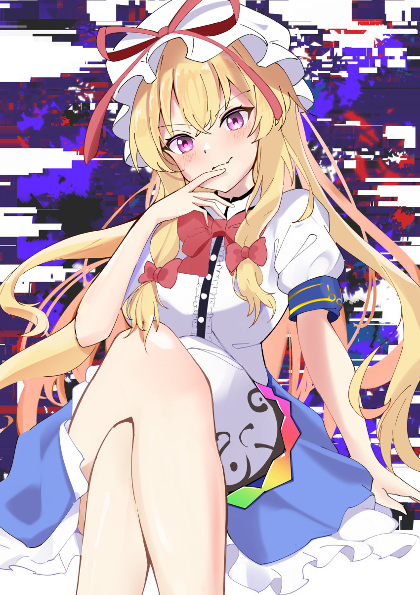 >:), 1girl, arm_at_side, blonde_hair, blue_skirt, blush, bow, center_frills