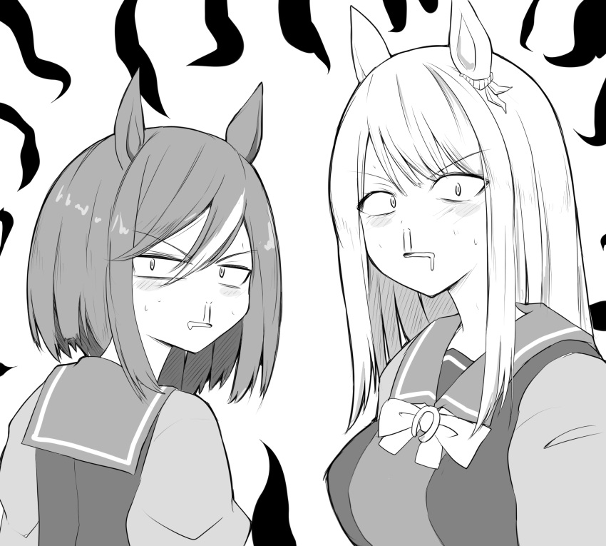 2girls, animal_ears, aura, blood, bow, bowtie, commentary, drooling