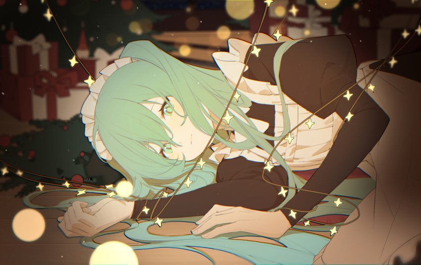 1girl, alternate_costume, apron, baiweinid, blue_eyes, blue_hair, bound, box, cable, christmas, enmaided, gift, gift_box, hatsune_miku, highres, juliet_sleeves, long_hair, long_sleeves, looking_at_viewer, lying, maid, maid_headdress, on_side, puffy_sleeves, solo, string_lights, tied_up_(nonsexual), twintails, vocaloid