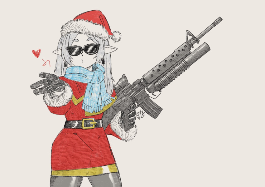 assault_rifle, belt, blowing_kiss, earrings, elf, frieren, fur_trim, gloves