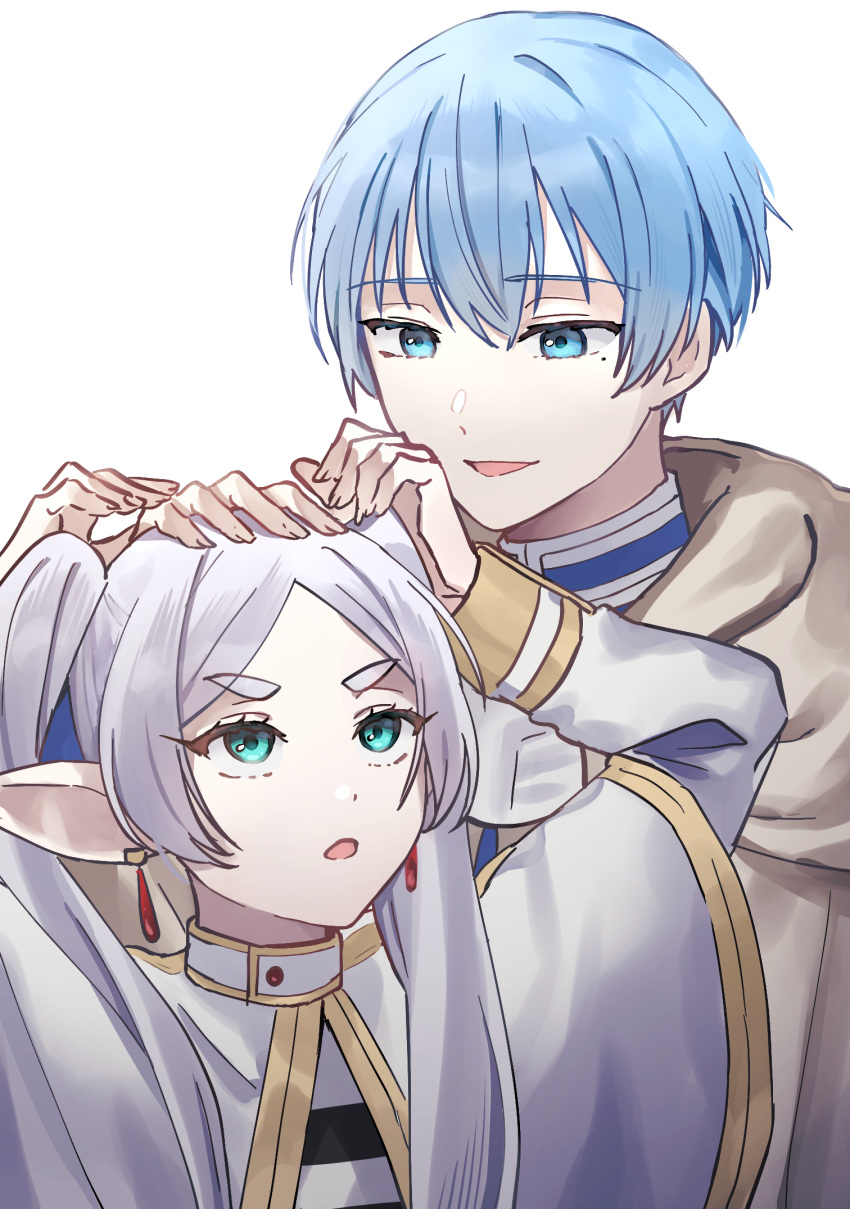 1boy, 1girl, :o, blue_hair, capelet, dangle_earrings, drop_earrings, earrings, elf, frieren, green_eyes, hand_on_another's_head, headpat, highres, himmel_(sousou_no_frieren), i.no, jewelry, long_hair, long_sleeves, mole, mole_under_eye, open_mouth, parted_bangs, pointy_ears, shirt, short_hair, simple_background, smile, sousou_no_frieren, striped, striped_shirt, thick_eyebrows, twintails, white_background, white_capelet, white_hair