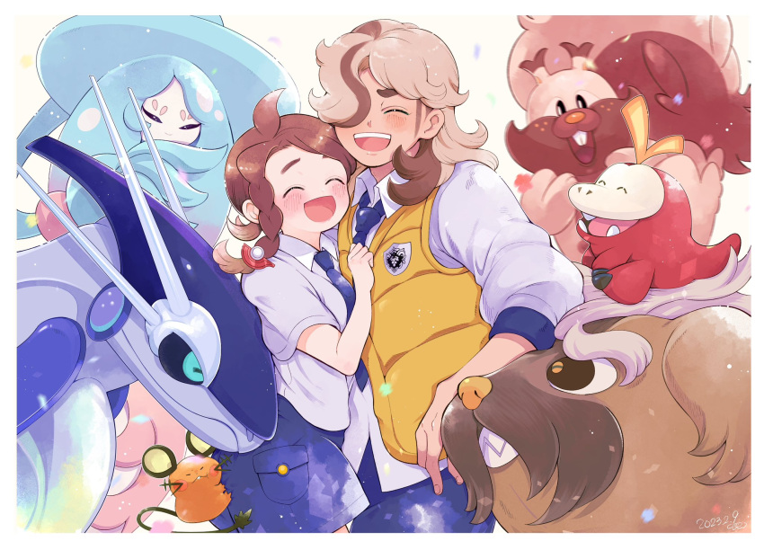 1boy, 1girl, arven_(pokemon), braid, brown_hair, closed_eyes, collared_shirt, colored_sclera