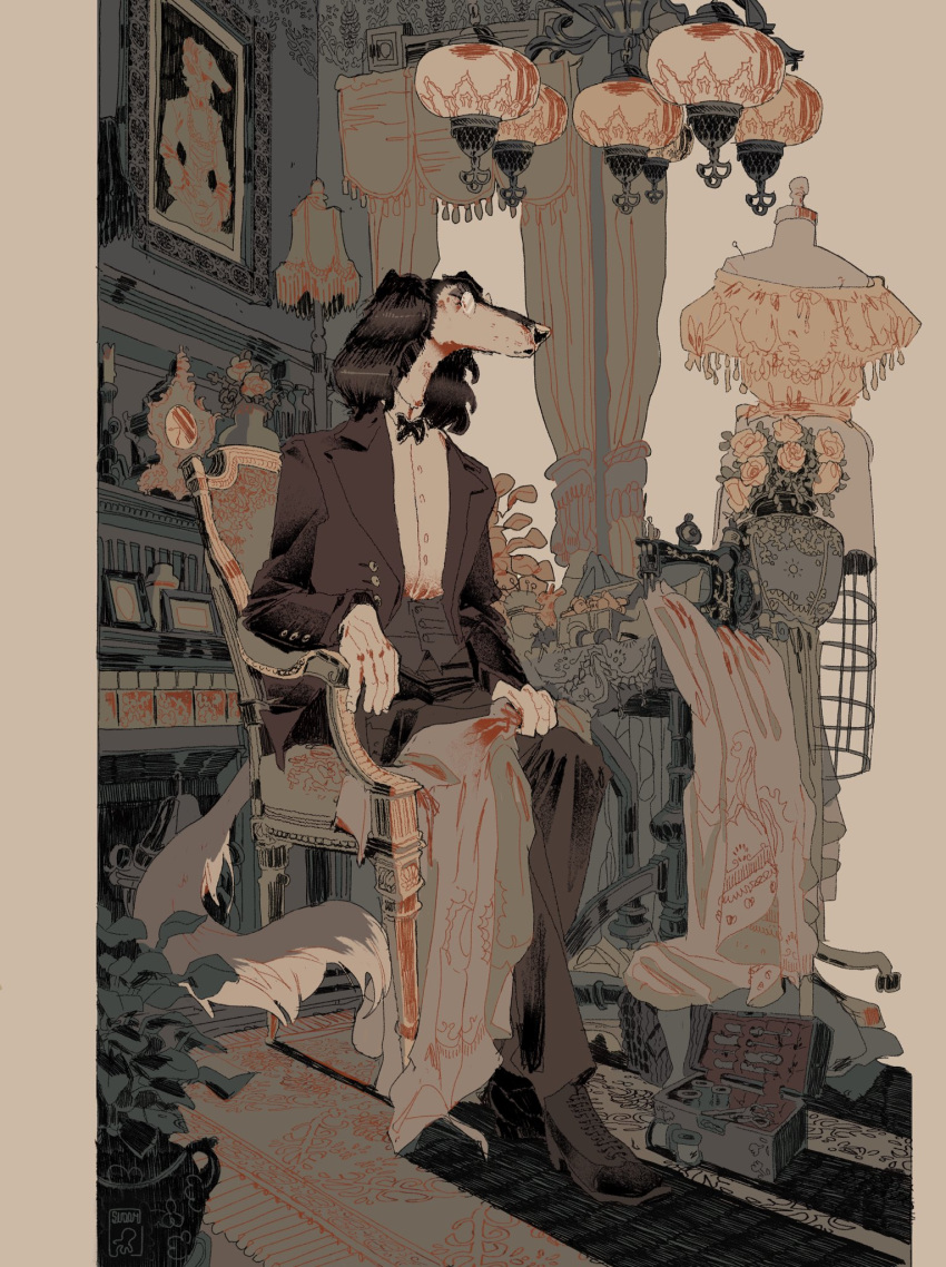 1boy, animal_ears, animal_nose, arm_support, big_squid_man, black_hair, borzoi, bow