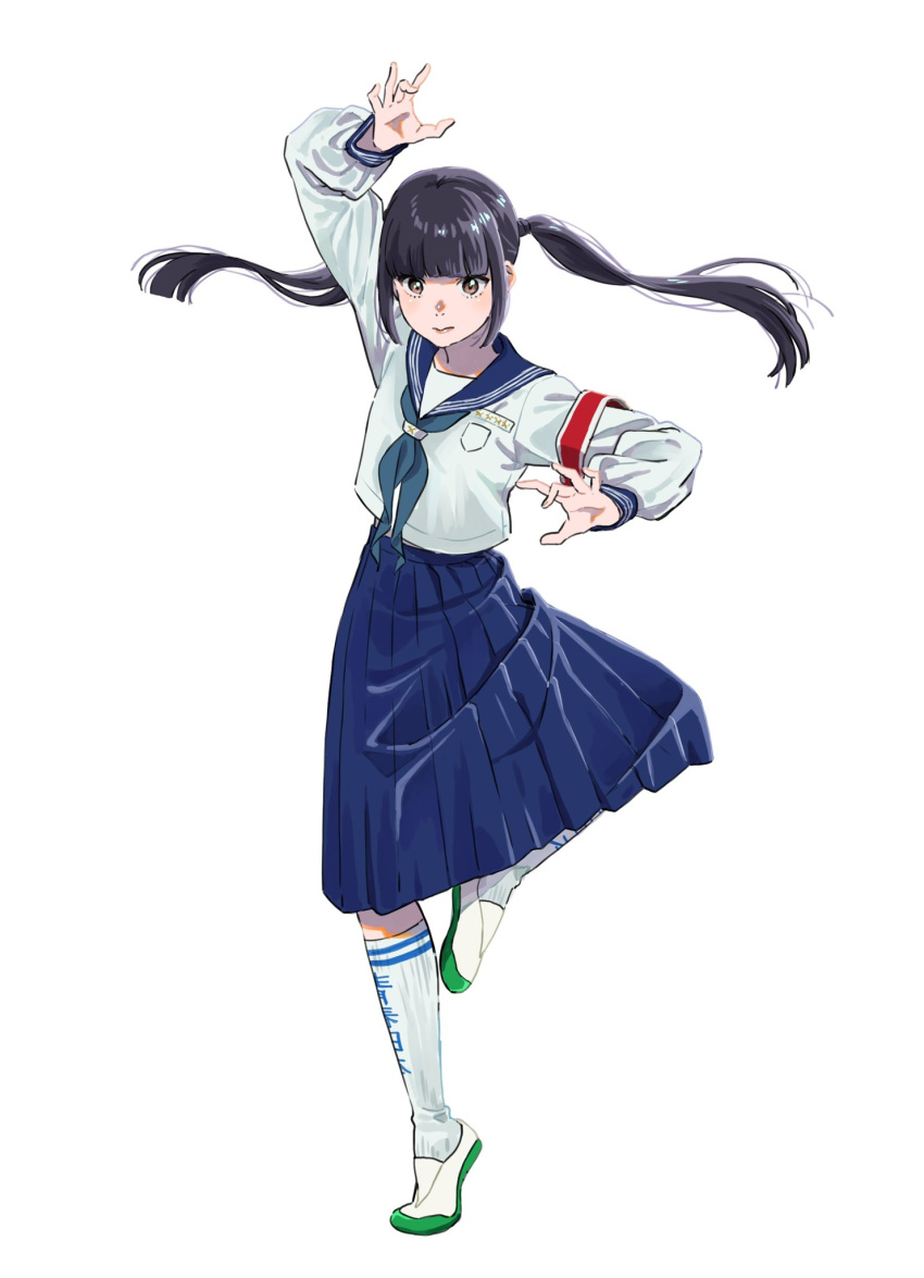 1girl, arm_up, armband, atarashii_gakko!, black_hair, blue_ribbon, blue_skirt, blunt_bangs