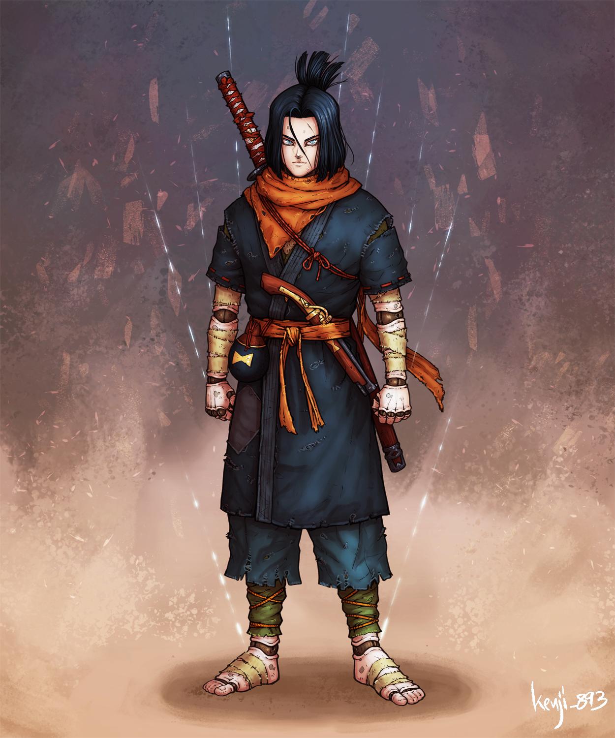 1boy, alternate_costume, android_17, antique_firearm, artist_name, bandaged_arm, bandaged_foot, bandages