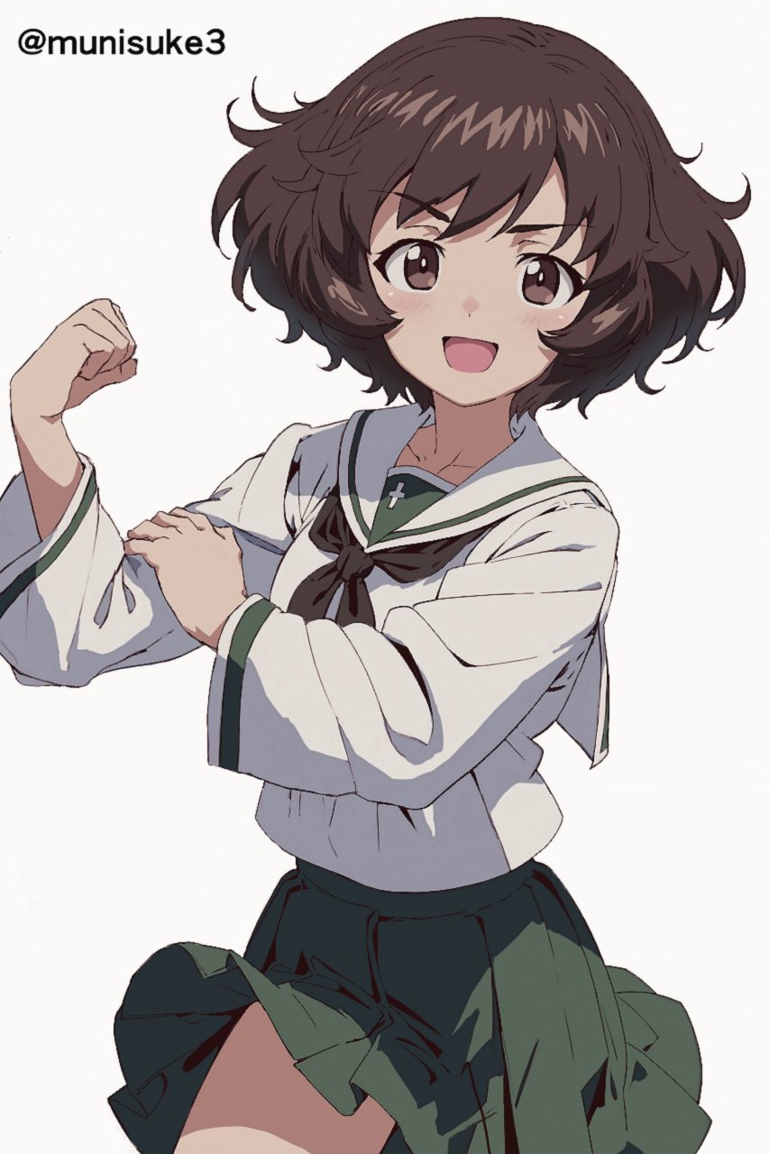 ai-generated, akiyama_yukari, black_neckerchief, brown_eyes, brown_hair, girls_und_panzer, green_skirt, hand_on_own_arm, hand_up, highres, long_sleeves, looking_at_viewer, messy_hair, munisuke_(zrkt7883), neckerchief, ooarai_school_uniform, open_mouth, pleated_skirt, sailor_collar, school_uniform, serafuku, shirt, short_hair, simple_background, skirt, smile, twitter_username, white_background, white_sailor_collar, white_shirt