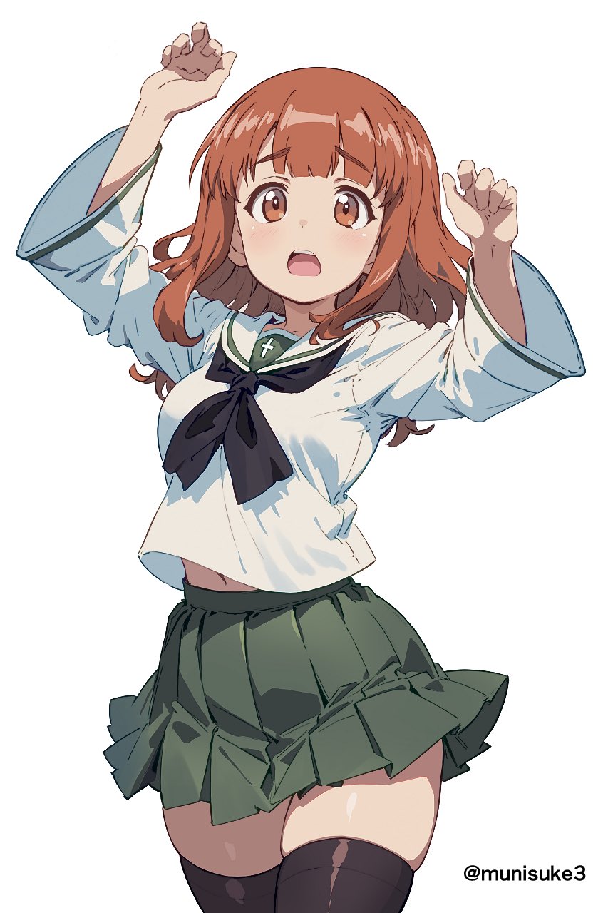 arms_up, belly, black_neckerchief, black_thighhighs, blunt_bangs, girls_und_panzer, green_skirt, highres