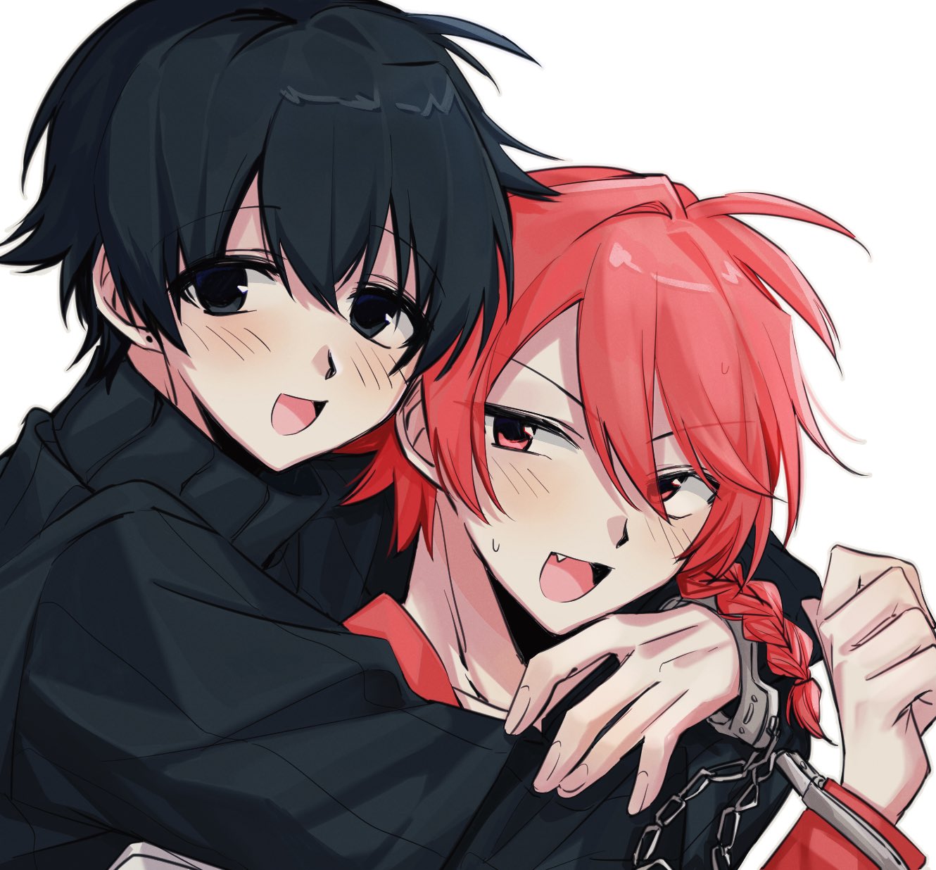 2boys, black_eyes, black_hair, black_sweater, blush, braid, cuffs, fang
