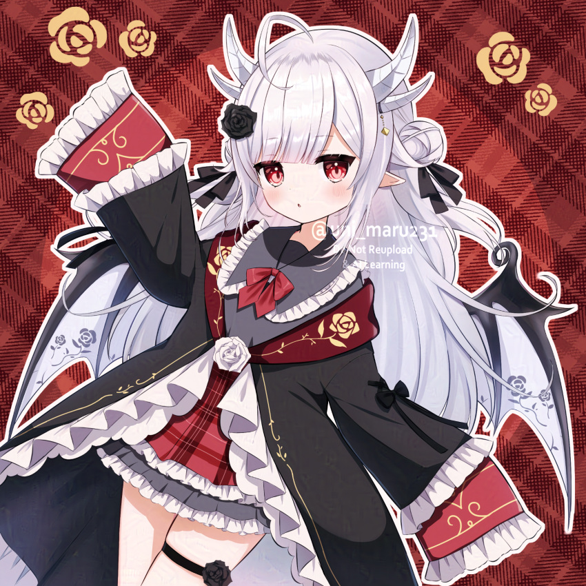 1girl, ahoge, blush, breasts, commentary_request, commission, dragon_tail, dragon_wings